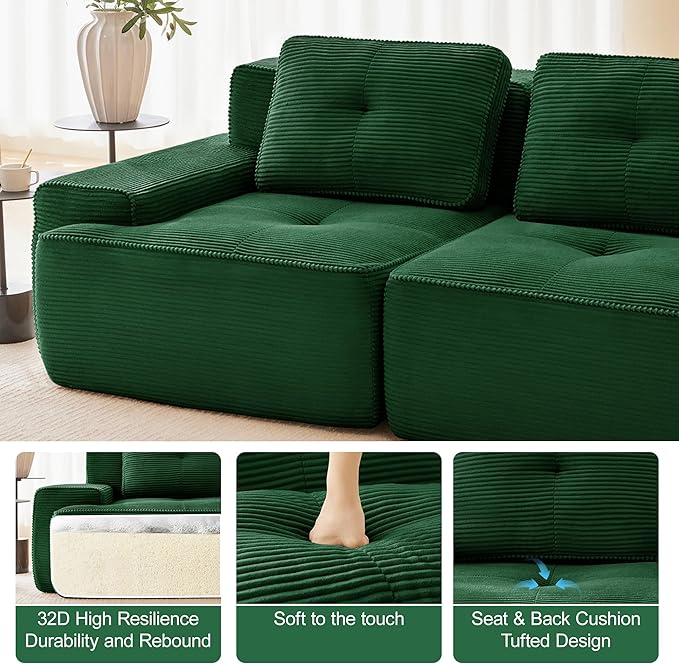 80'' Loveseat Sofa, 32D Foam Corduroy Boneless Couch with Pillow, Deep Seat Wide Arm Sectional L Shaped Couch for Living Room, Small Spaces, Studio Apartment