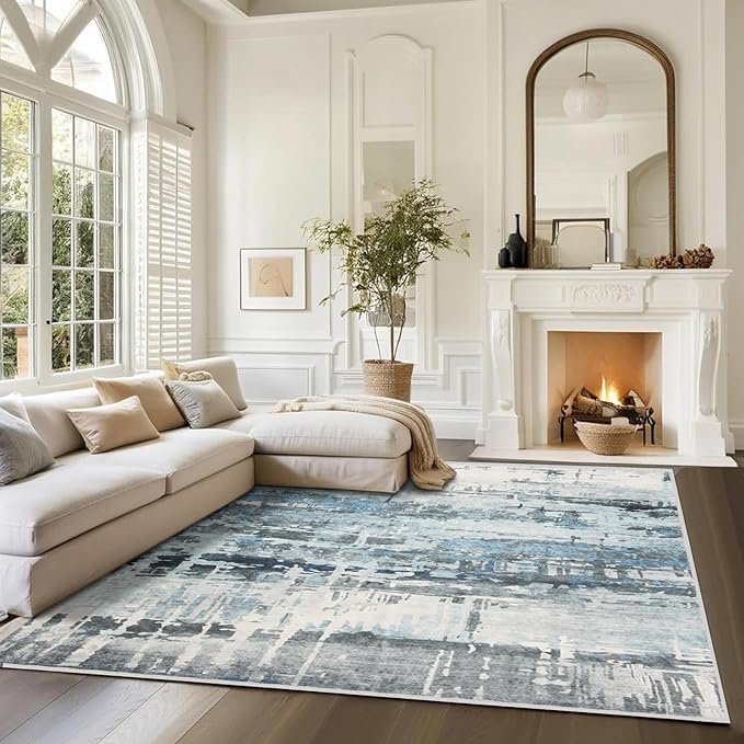 6x9 Soft Washable Area Rugs for Living Room and Bedroom, Non-Slip Stain Resistant Indoor Carpet, Cozy Floor Mat for Dining Room, Office, Under TableStain Resistant Blue