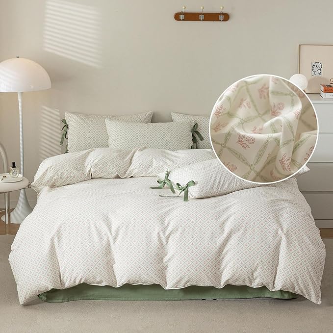 Pink Flower Duvet Cover Full Size Vintage Country Style Red Floral Comforter Cover Green Grid Plaid Duvet Cover with 2 Bow Ties Pillowcases Cotton Girls Floral Bedding Quilt Cover with Zipper Closure
