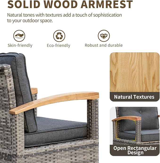 MEISSALIVVE Patio Furniture Sets, 7 Pieces Outdoor Rattan Furniture Conversation Sets with 2 Wood Armrests Swivel Rocker Chairs, 2 Ottoman, 3-Seat Sofa, 2-Seat Sofa and Coffee Table(Grey)