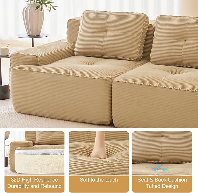 115" Modern Compressed Boneless Couch with Ottoman, 3 Seater Large U Shaped Sectional Couches for Living Room, Camel Corduroy Cloud Modular Sectional Sofa, Memory Foam, Extra Deep, No Assembly