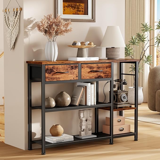 Furnulem 44'' Entryway Table, Industrial Console Sofa Table with Metal Mesh Storage Shelves, Shoe Rack Display Shelf for Front Door, Couch, Kitchen, Fabric Drawers, Rustic Brown