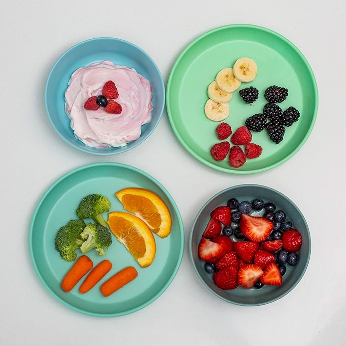Grow Forward Bamboo Kids Plates and Bowls Sets - 8-Piece Dishwasher Safe Non Toxic Plates for Kids - Reusable Eco Friendly BPA Free Dishes Dinnerware Sets for Children - Rainforest