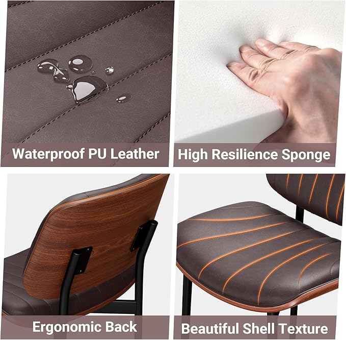 Dining Chairs Set of 6, Mid-Century Modern Upholstered PU Leather Chairs with Walnut Bentwood Back and Metal Legs Adjustable Feet for Kitchen Dining Room, Dark Brown Shell Strips