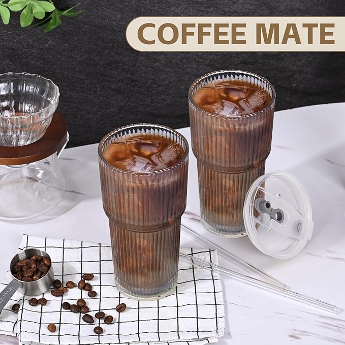 20OZ Glass Tumbler with Straw and Lid,Glass Cups with Lids and Straws,2PCS Ribbed Iced Coffee Cups Vintage Glassware for Juice Whiskey Cocktail Beer