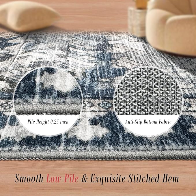 RUGSURE Washable Area Rugs - Perfect for Living Room, Bedroom, Kids Room, Nursery - Stain & Water Resistant Non-Slip, Pet & Child Friendly, Vintage Tribal Area Rugs (Grey and Blue, 4' x 6')