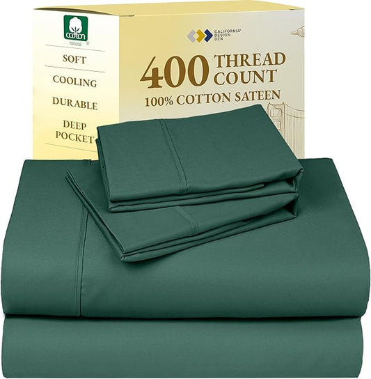 California Design Den Soft 400 Thread Count, Natural 100% Cotton Sheets Sateen, King Bed Sheets Set, Deep Pockets with All Around Elastic for a Snug Fit, Cool & Durable Bedding Set - Hunter Green