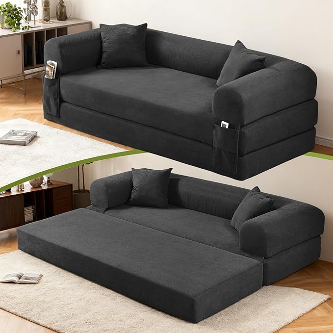 Convertible Futon Sofa Bed,80" Folding Pull Out Couch Bed with Pillows & Storage Pocket, Oversized Queen Sleeper Sofa in a Box,Corduroy Boneless Couch for Living Room,Deep Gray