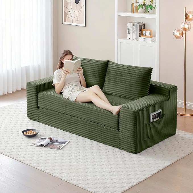 73" Cloud Loveseat Sofa Couch in a Box, 2 Seater Boneless Couch, Convertible Pull Out Sofa Bed with Pillows, No Assembly, Memory Foam, Modern Small Couches for Small Spaces (A-Green)