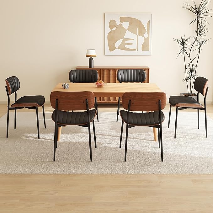 Modern PU Leather Dining Room Chairs Set of 6, Upholstered Kitchen Chairs with Walnut Bentwood Back and Metal Legs Adjustable Feet for Kitchen Dining Room(Balck)