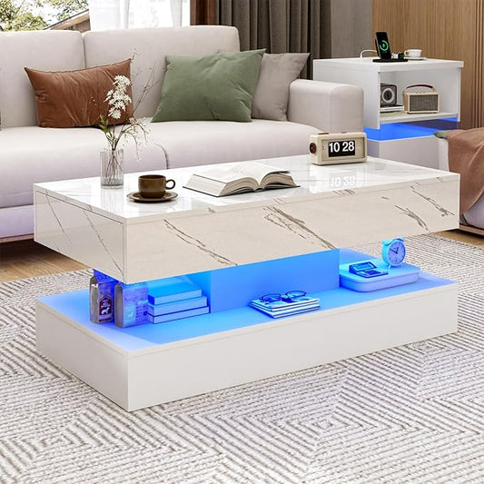 39.4" Large High-Glossy LED Coffee Table with 2 Sliding Drawers, Living Room Storage Coffee Tables with Marbling Print, Modern Stylish Double-Layer Center Tables w/LED Lights, White