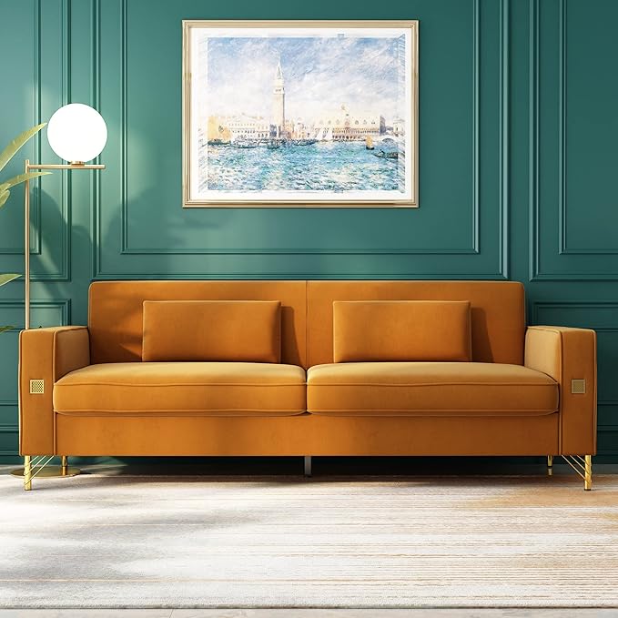 85.63" Velvet Sofa,Modern Loveseat Couch with Pillows Set of 2 for Living Room,Bedroom,Apartment Furniture with Gold Metal Legs (Orange)