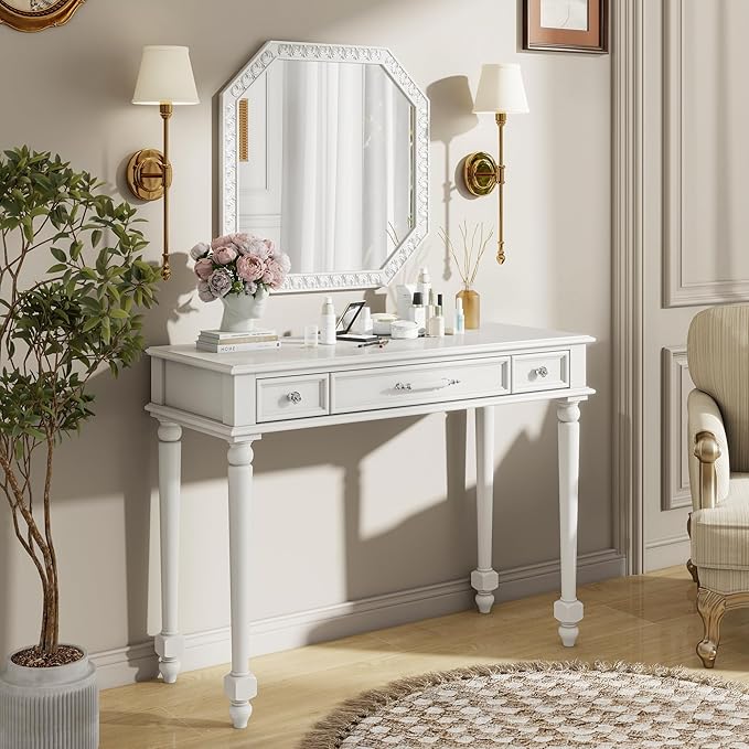 Merax Retro Makeup Vanity Desk with Large Mirror, 39.3 Inch Dressing Table with 3 Drawer for Jewelry Storage, Small Exquisite Console Table for Entryway Living Room Bedroom Hallway Foyer, White