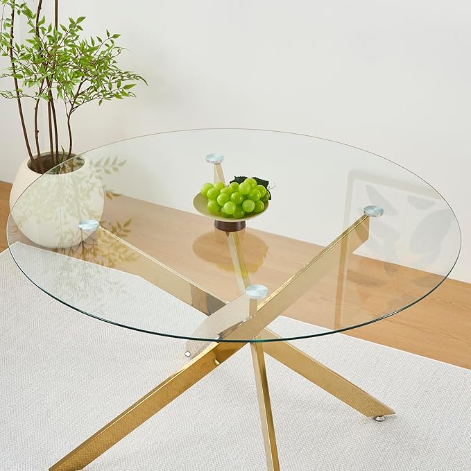47.24" Round Glass Dining Room Table for 6 with Tempered Glass Top and Gold Chrome Metal Legs, Modern Clear Kitchen and Dinner Table for Home Office Dining Room