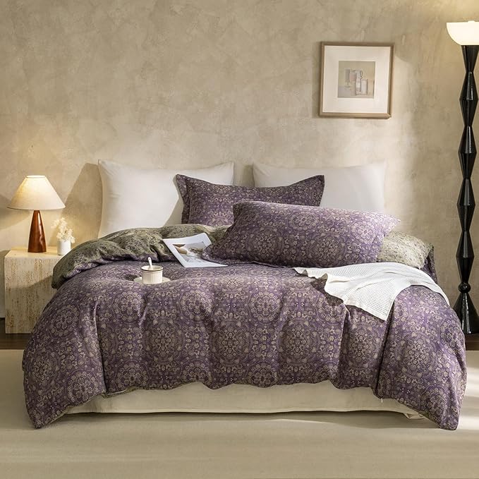 LifeTB Jacquard Retro Flower Duvet Cover Twin Purple Green Floral Duvet Cover Set Jacquard Yarn-Dyed Cotton Boho Medallion Bedding Set Reversible Retro Flower Comforter Cover with Zipper Closure