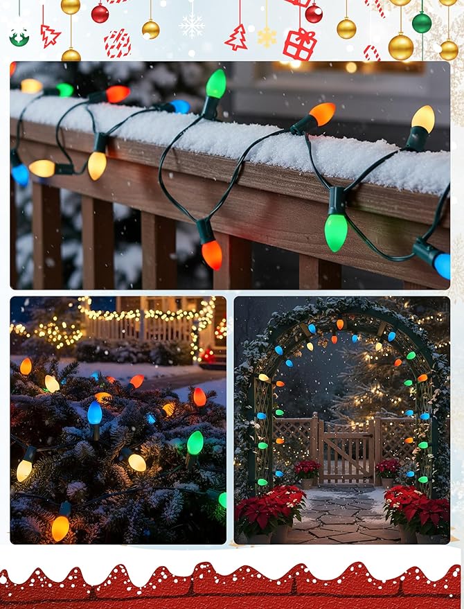 C7 LED Vintage Christmas Lights 25FT Outdoor String Lights – Multicolor Shatterproof and Waterproof LED Christmas Lights with 27 Bulbs (2 Spares) for Porch, Patio, Tree, and Garden Holiday Decor