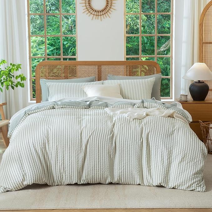 Queen Size Comforter Set Striped Soft Luxury Washed Microfiber Jacquard 3 Pieces Bedding, Grayish Green Vertical Ticking Stripes Pattern Comforter with 2 Pillowcases Breathable Durable Comfy