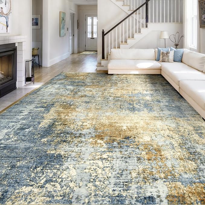 Area Rug Living Room Rugs - 8x10 Modern Abstract Soft Indoor Neutral Washable Rug Stain Resistant Non-Slip Low Pile Carpet for Bedroom Dining Room Home Office - Blue/Grey/Yellow