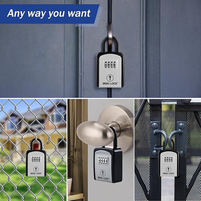 Iron Lock® Key Lock Box Portable with U-Shackle – Small Waterproof Heavy-Duty Metal Safe with 4-Digit Combination for Spare Keys Outside on Door Knob, Fence, or Gate (Grey, Small)
