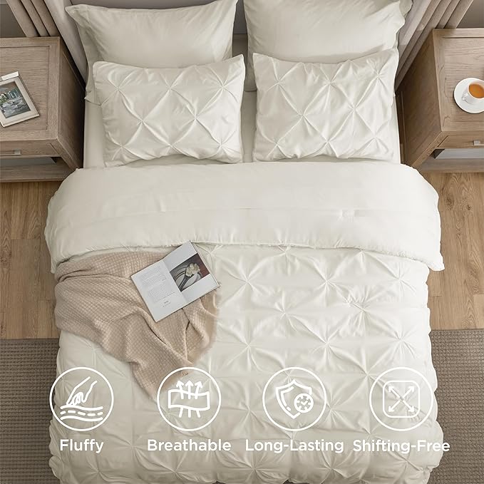 Bedsure Full Comforter Set Ivory - Bed in a Bag Full Size Bedding Set 7 Pieces, GentleSoft™ Pintuck Bed Set Gift for Family, Pinch Pleat All Season Comforter with Sheets, Pillowcases & Shams
