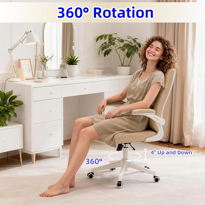 Computer Chair, Ergonomic Home Office Desk Chair with Space Saving Flip-Up Arms, 360° Swivel & Reclining Back, High-Back Executive Chair in Soft Faux Leather Chair Multi-Angle from 90° to 135°