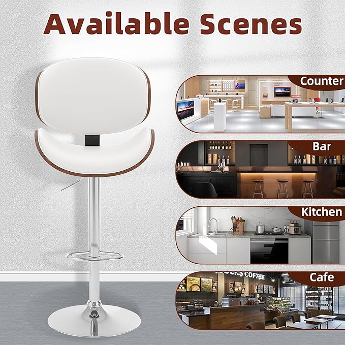 civama Bar Stools Set of 6 for Kitchen Counter, Adjustable Bar Height Chairs, Modern Swivel Barstools with Bentwood Seat and Back with Footrest for Kitchen Island, Dining Room, White PU Leather
