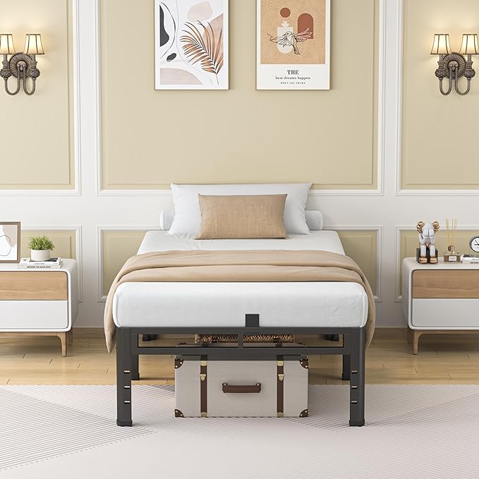 NKZ 18 Inch Twin Size Bed Frame, Metal Bed Frame & Box Spring 2 in 1 Platform with Round Corner Legs, 4000Lbs Heavy Duty Metal Frame, Mattress Slide Stopper, Headboard Hole, Noise-Free, Easy Assembly