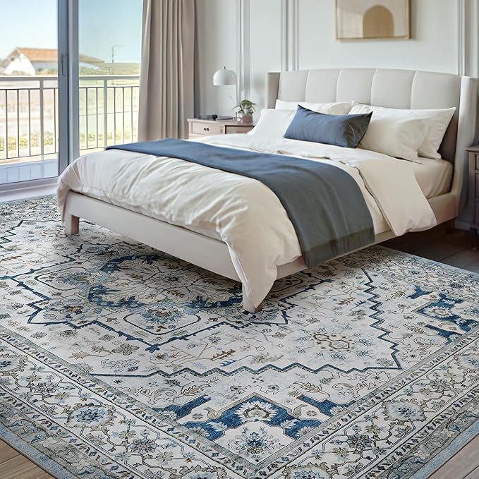 Area Rugs for Living Room 10x12 - Large Machine Washable Vintage Oriental Soft Rug, Low Pile Thin Carpet with Non Slip Backing for Bedroom, Dorm, Under Dining Room Table, Indoor House, Office Decor