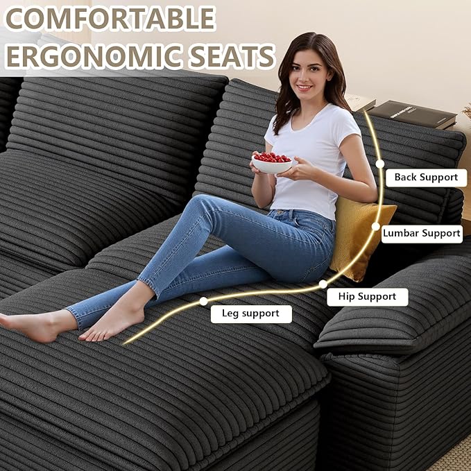 111" Cloud Sectional Couch with U-Shaped Chaise, Corduroy Sectional Sofa with Ottoman, Boneless Couch with Deep Seat in a Box for Living Room, No Assembly Required (Dark Grey)