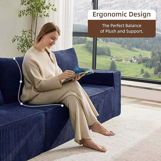 102” Boneless Modular Couch, 3 Seater Cloud Sofa for Living Room, Modern Sectional Sofa with Deep Seat, Comfy Fluffy Loveseat Couch, No Assembly Required,Blue