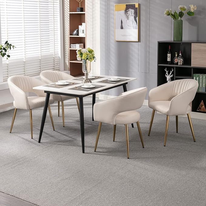 Modern Dining Chairs Set of 6, Upholstered PU Leather Gold Dining Room Chairs with Hollow Back, Accent Armrest Kitchen Chairs with Gold Legs for Living Room Cream