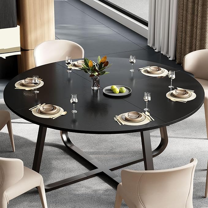 LVB 51 Inch Black Round Dining Table, Modern Wood Metal Kitchen Table, Industrial Small Dinner Room for 4 to 6 People, Circle Coffee Dining Room for Home Kitchen Living Room, Black Oak