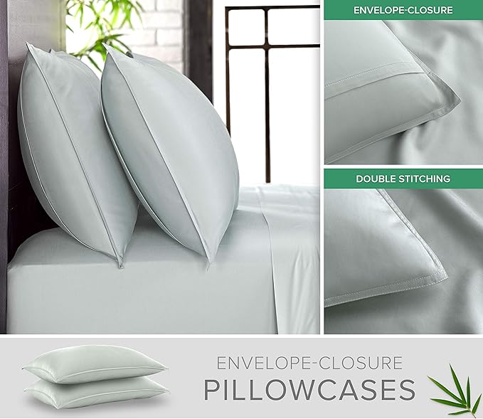 Pure Bamboo Twin XL Sheets, Genuine 100% Organic Viscose Derived from Bamboo Bed Sheet Set, Luxuriously Soft & Cooling, Double Stitching, 2 Year Quality Promise (Twin XL, Sea Glass)