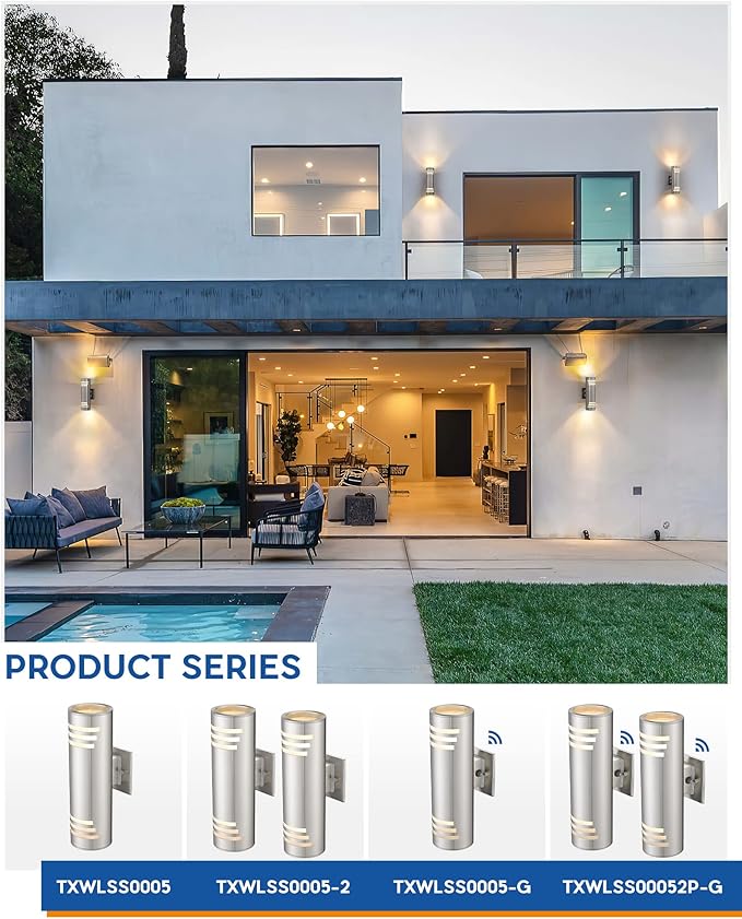 TENGXIN 2 Pack Dusk to Dawn Patio Wall Light Cylinder,Up Down Modern Outdoor Wall Sconce with Stainless Steel Cylinder,Brushed Nickel Exterior Lighting Fixtures