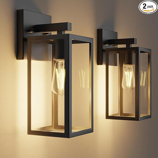 Kalium Porch Lights Outdoor Wall Light Fixture 2pcs, Matte Black, Wall Sconce 12.4 in, Toughened Frame, Clear Glass Shade, Waterproof Lanterns, Suitable for Patio, Exterior, Front, Door, Entryway
