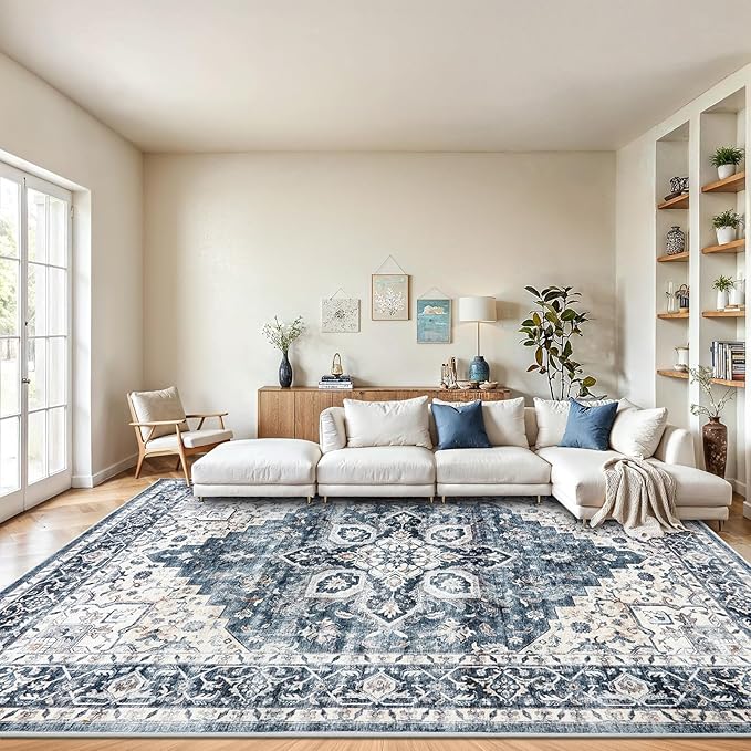 AMADA HOMEFURNISHING 8x10 Washable Area Rug, Low-Profile Large Area Rug with Non-Slip Backing & Durable Edge Binding, Vintage Large Rugs for Living Room, Bedroom, Dinning Room
