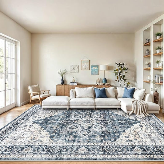AMADA HOMEFURNISHING 8x10 Washable Area Rug, Low-Profile Large Area Rug with Non-Slip Backing & Durable Edge Binding, Vintage Large Rugs for Living Room, Bedroom, Dinning Room