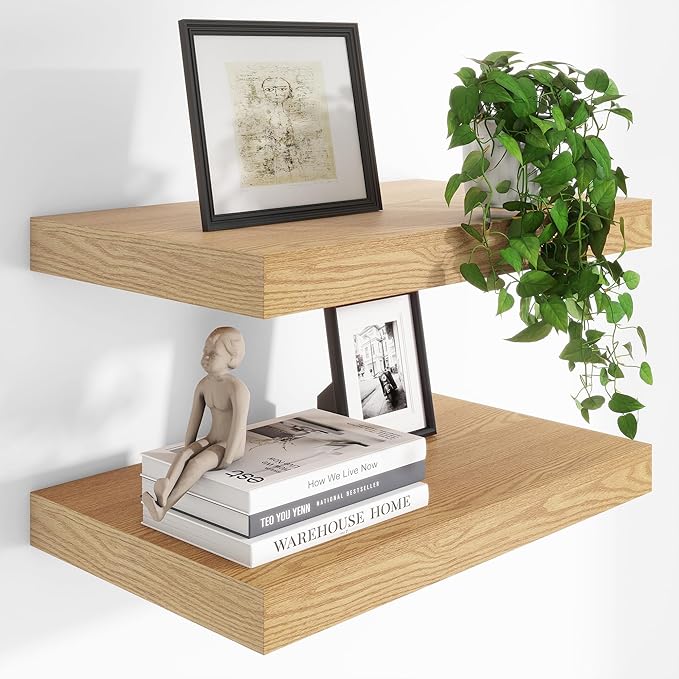 Heimlove 24 x 12 Inch Deep Floating Shelves Wall Mounted with Invisible Brackets,Storage Hanging Shelf for Wall Decor in Bathroom, Bedroom, Toilet, Kitchen, Living Room, Office Set of 2 (Oak)