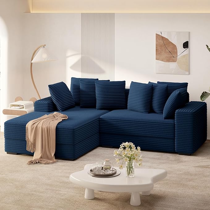 111'' Sectional Sofa Couches with L-Shape Chaise, Extra Large Sleeper Couch Reversible Corduroy Chaise with 8 pcs Pillow for Living Room, Bedroom