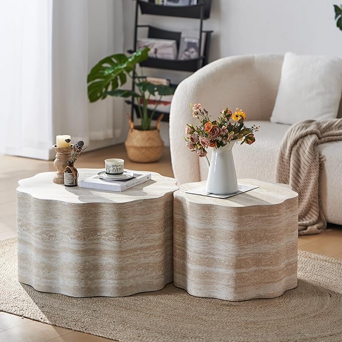 Round Coffee Tables Set of 2 for Living Room,Faux Mars Pattern Modern Minimalist Side Accent End Table for Apartment,Office(Beige Brown,26.7" & 23.6")