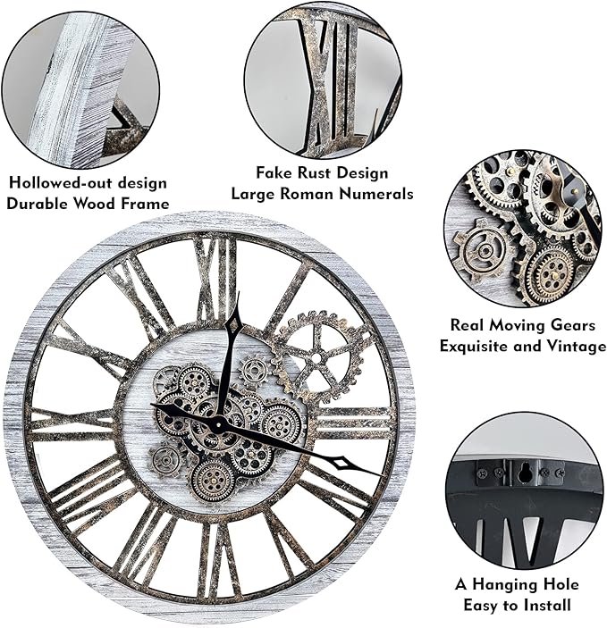 The B-Style Large Wall Clock 24 inch Moving Gear Wall Clock Oversized Vintage Farmhouse Wall Clocks for Living Room Decor Rustic Industrial Wood Clock (Gray White and Bronze Gears, 30 inch/76cm)
