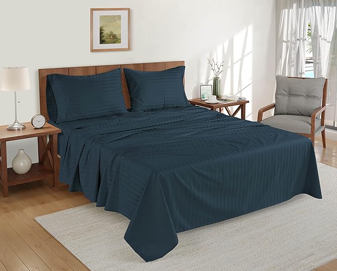 LANE LINEN 100% Egyptian Cotton California King Sheets - 4 Pc Sateen Sheet Sets Luxury Bedding & Pillowcases 17" Deep Pocket Dark Denim Stripe