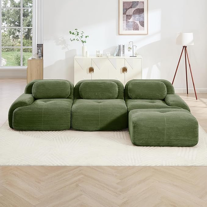 116" Modern Corduroy Cloud Sofa with Ottoman, L Shaped Boneless Modular Large Sectional Couches for Living Room, Green 3 Seater Compressed Memory Foam Couch, Extra Deep Seat, No Assembly
