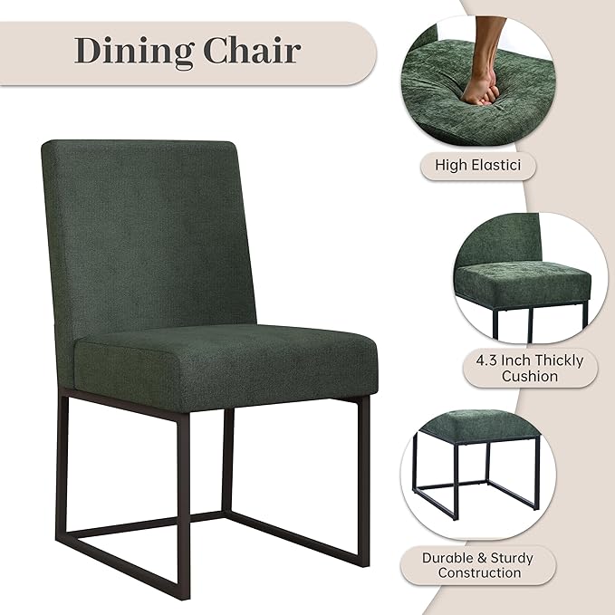 VKNOW Upholstered Dining Chairs Set of 2, Modern Dining Room Chairs, Linen Kitchen Chair Dinner Chair with Black Metal Base for Kitchen Office, Green-Unstriped