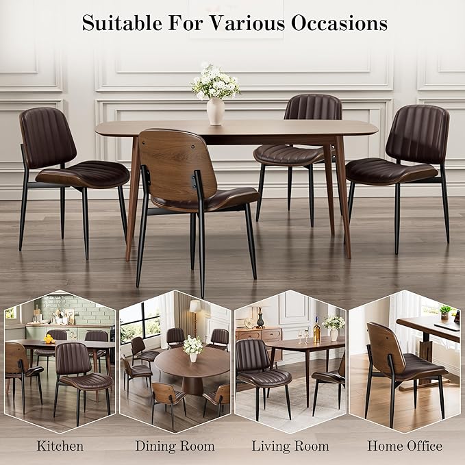 Dining Chairs Set of 8, Mid-Century Modern Upholstered PU Leather Chairs with Walnut Bentwood Back and Metal Legs Adjustable Feet for Kitchen Dining Living Room, Dark Brown Vertical Stripes