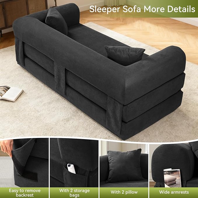 Convertible Futon Sofa Bed,80" Folding Pull Out Couch Bed with Pillows & Storage Pocket, Oversized Queen Sleeper Sofa in a Box,Corduroy Boneless Couch for Living Room,Deep Gray
