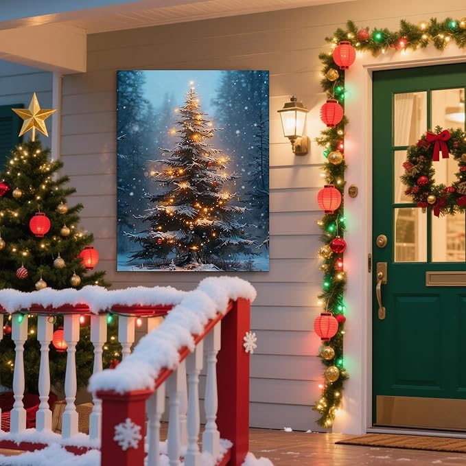 Framed Christmas Pictures Wall Decor,Vintage Pine Tree Prints,Winter Christmas Canvas Wall Art Decoration for Bedroom Bathroom Living Room Rustic Xmas Holiday Gifts (Christmas Tree 3, 12'' X 16'')