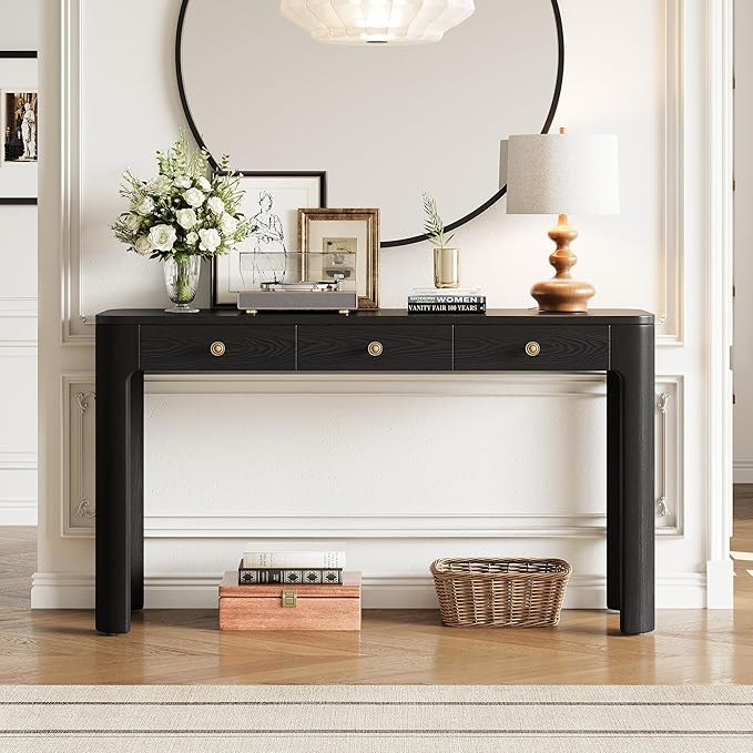 Merax 52" Console Table with 3 Drawers, Rustic Entryway Table with Curved Corners, Narrow Long Sofa Table for Living Room, Hallway, Entrance, Behind Couch, Foyer, Sturdy Thick Legs, Black