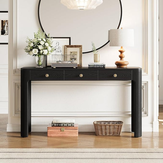 Merax 52" Console Table with 3 Drawers, Rustic Entryway Table with Curved Corners, Narrow Long Sofa Table for Living Room, Hallway, Entrance, Behind Couch, Foyer, Sturdy Thick Legs, Black