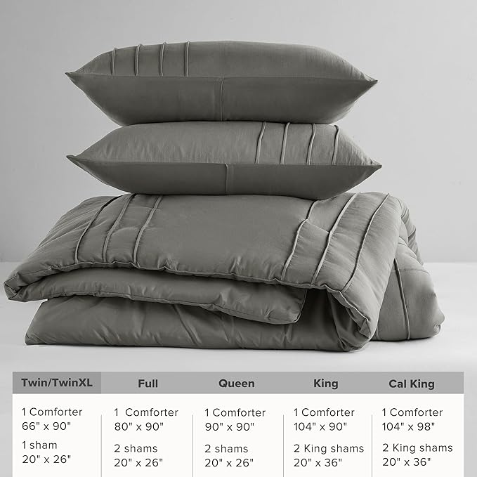 Comfort Spaces Grey Twin Size Comforter Set - 2 Pieces Pintuck Pleated Bedding Sets Twin, All Season Lightweight, Extra Softness Pre-Washed Microfiber Twin Bed Set, Shams, Twin/Twin XL